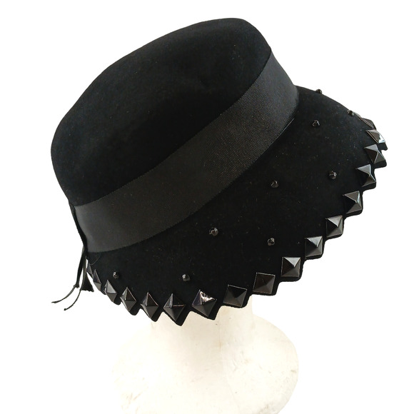 Lot of 2 VTG Womens Black Cloche Hat Studded Trim Rhinestone Brooch Gothic Style main image 5